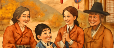 알록달록한 배경 위에 귀여운 고양이가 웃으며 앉아 있는 모습